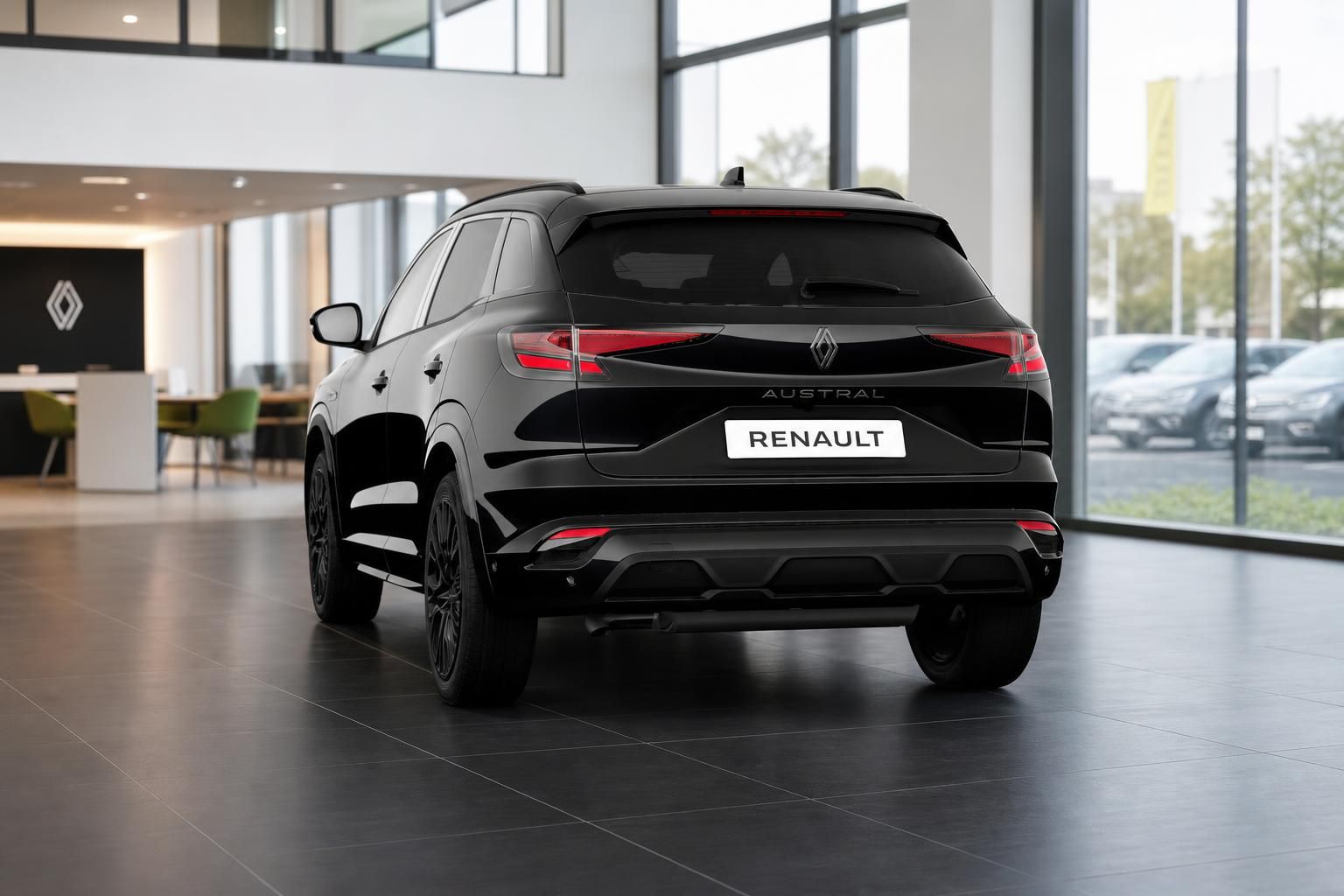 Renault Austral in Schwarz, Heckansicht im Showroom