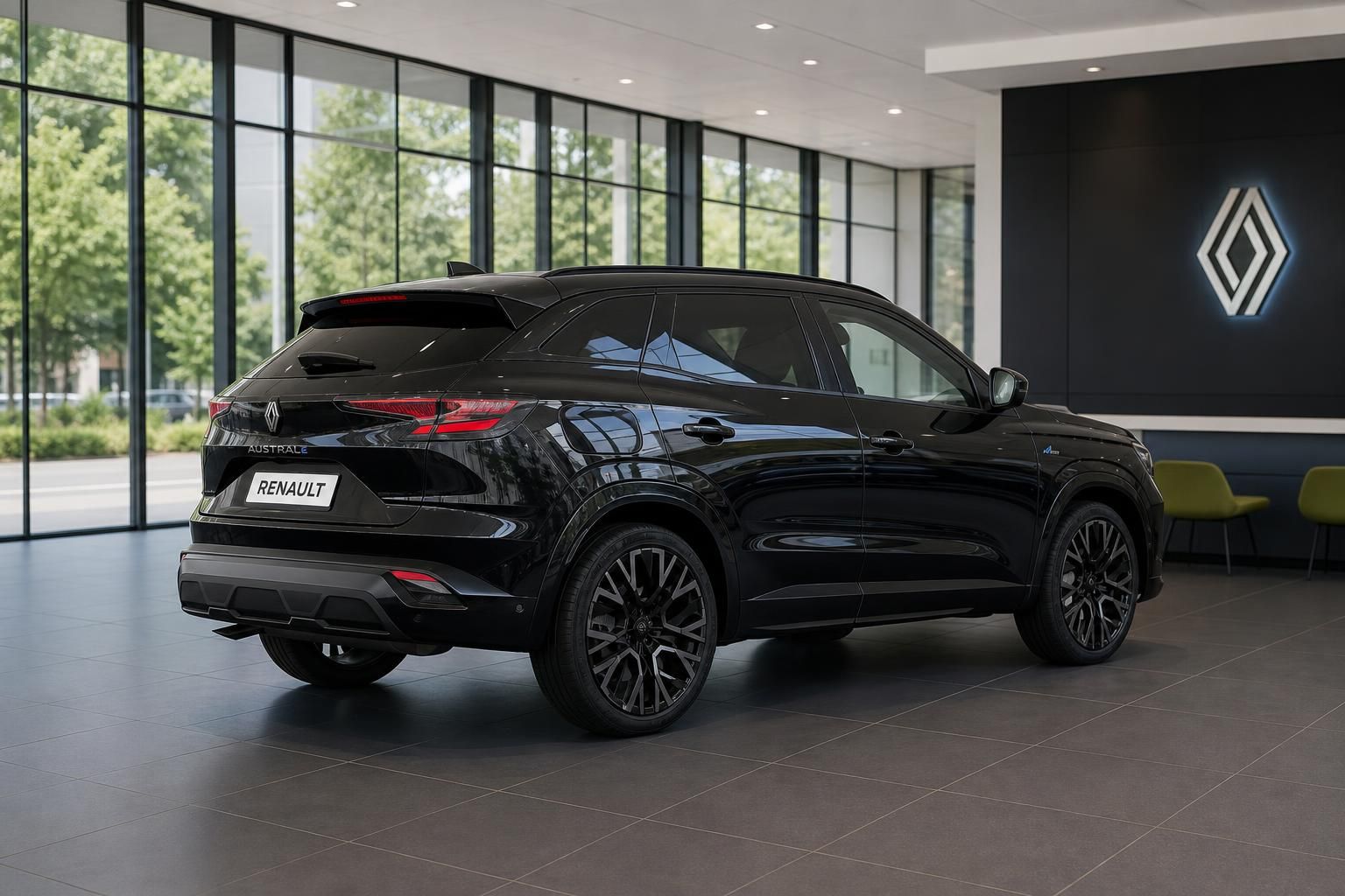 Renault Austral schwarz, Heck-Seitenansicht im Showroom