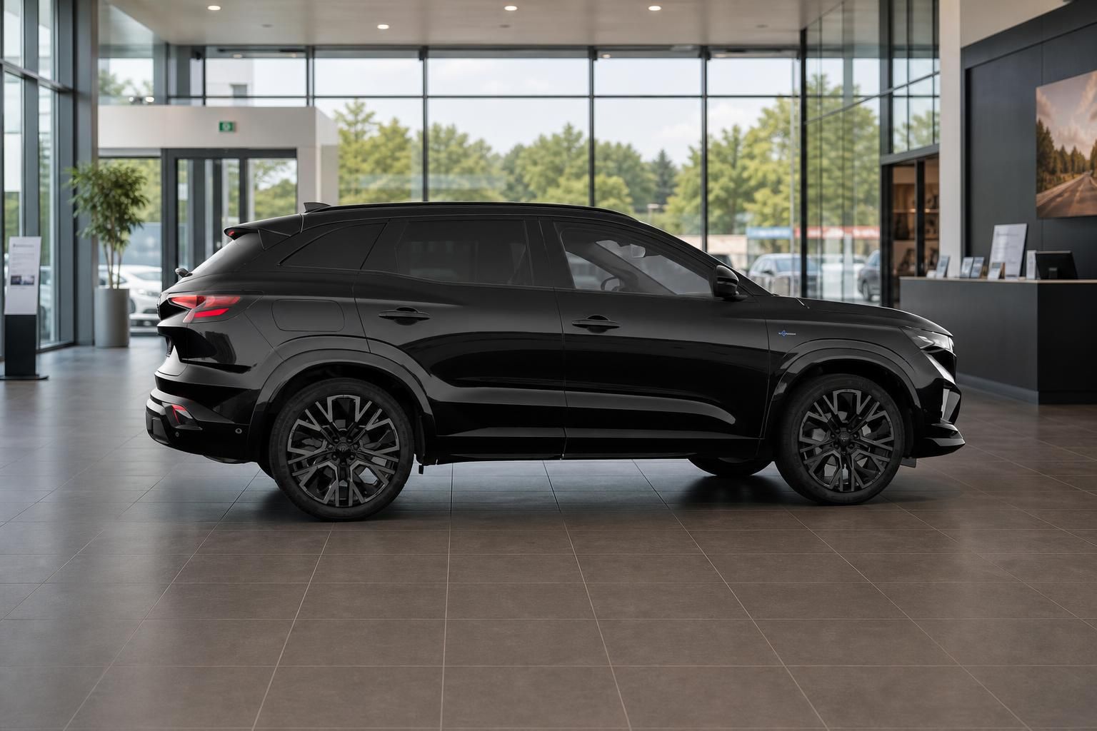 Renault Austral schwarz, Seitenansicht im Autohaus-Showroom
