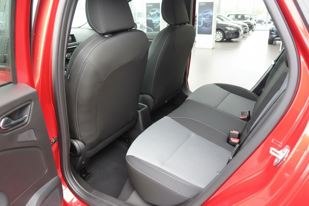 Roter PKW Innenraum Rücksitzbank mit schwarzen Ledersitzen und grauen Stoffsitzen im Autohaus