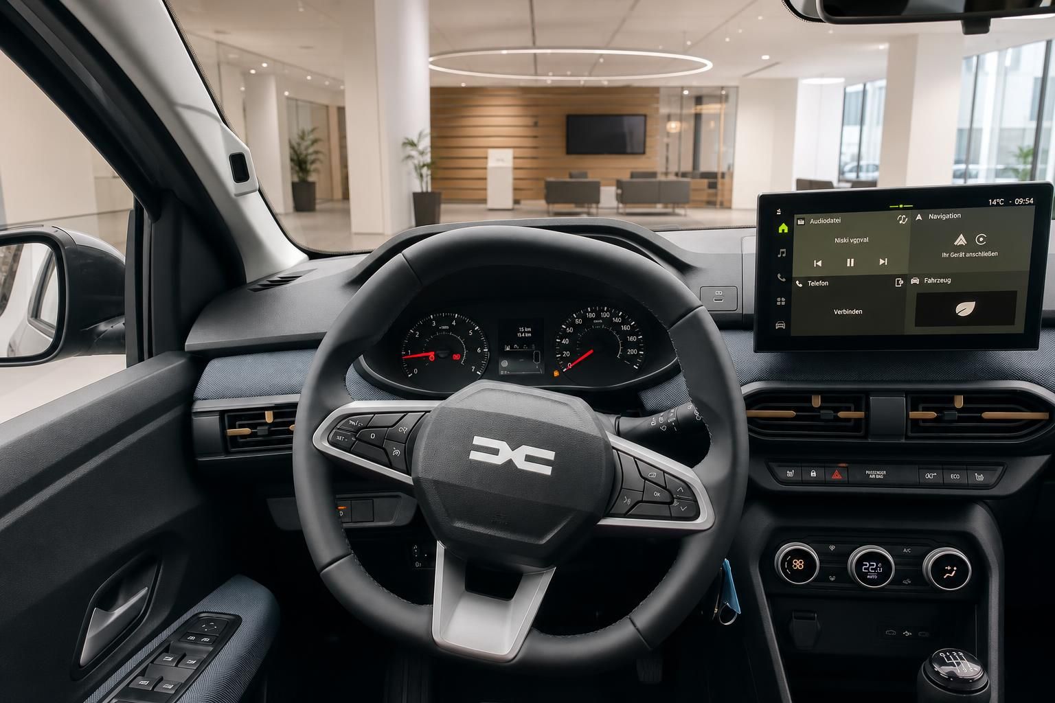Cockpit mit Lenkrad, Tacho und Infotainment-Display im Fahrzeug