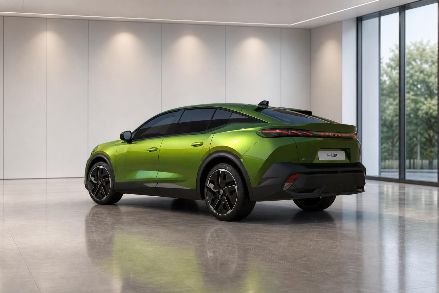 Peugeot E-408 in Gruen, Heckansicht in modernem Showroom