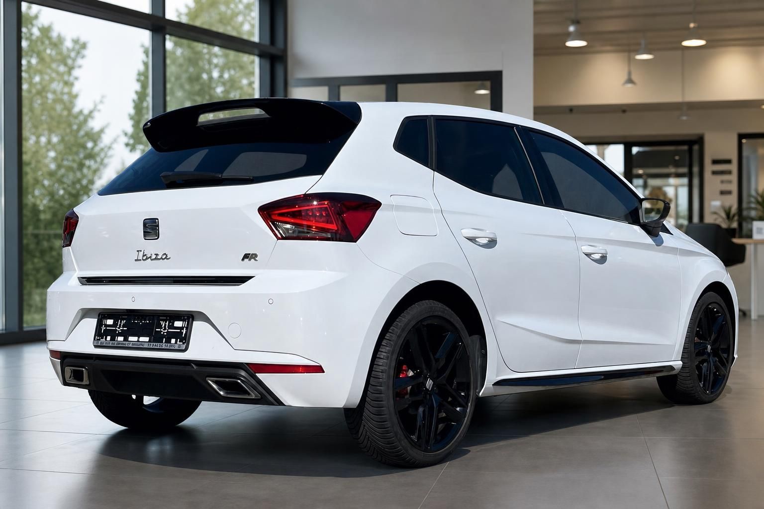 SEAT Ibiza FR weiß Heckansicht mit schwarzen Alufelgen im Autohaus