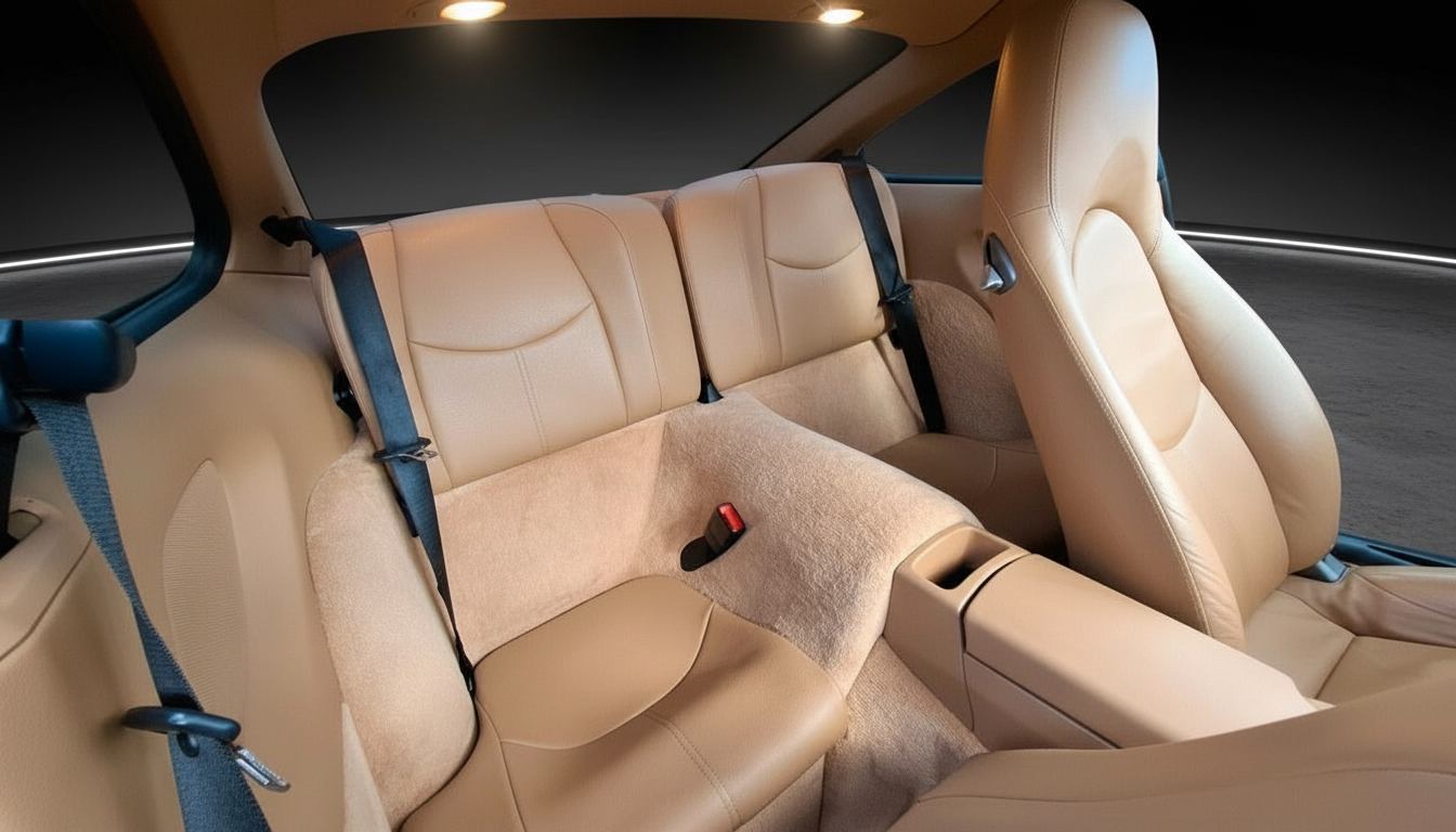 Luxuriöser Fahrzeuginnenraum mit beigem Leder, Rücksitzbank und Sicherheitsgurten