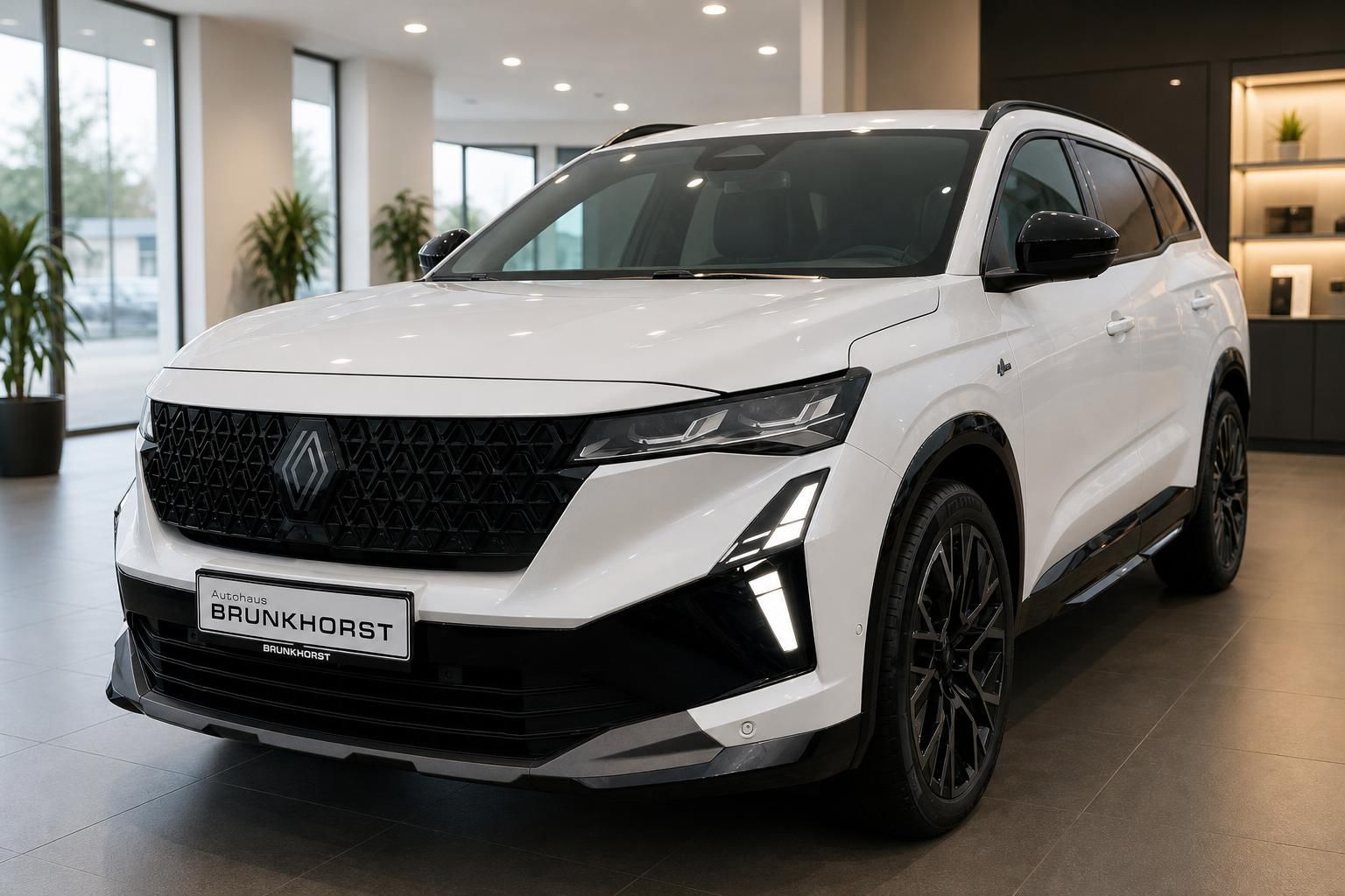 Renault Espace weiß in der Frontansicht im Autohaus Showroom