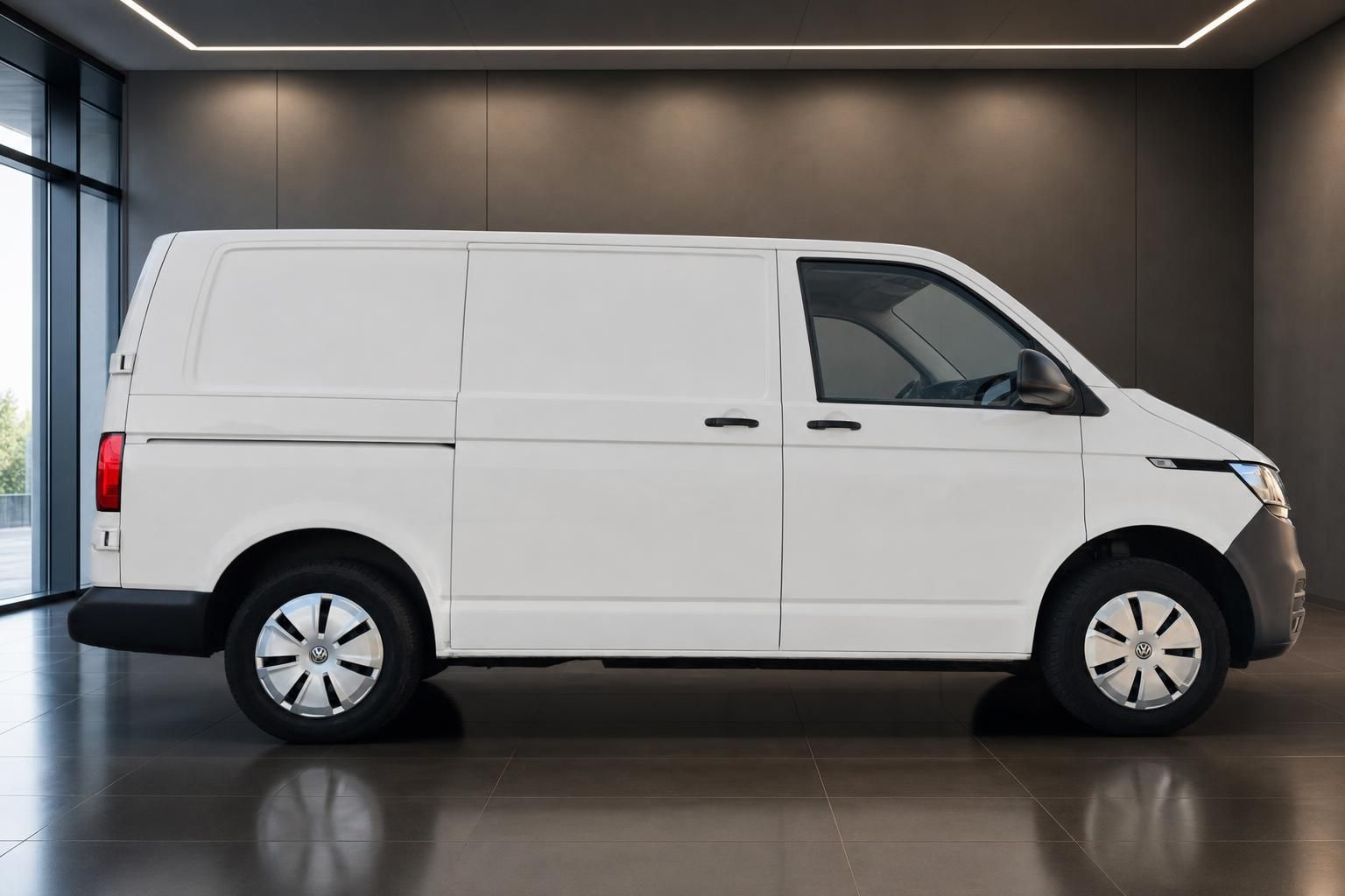 VW Transporter T6.1 weiß, Seitenansicht komplett im Showroom