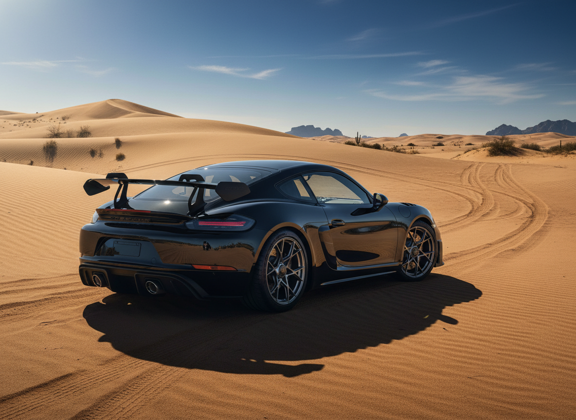 Schwarzer Porsche 718 Cayman GT4 RS mit Heckflügel und bronzefarbenen Felgen im Porsche Showroom