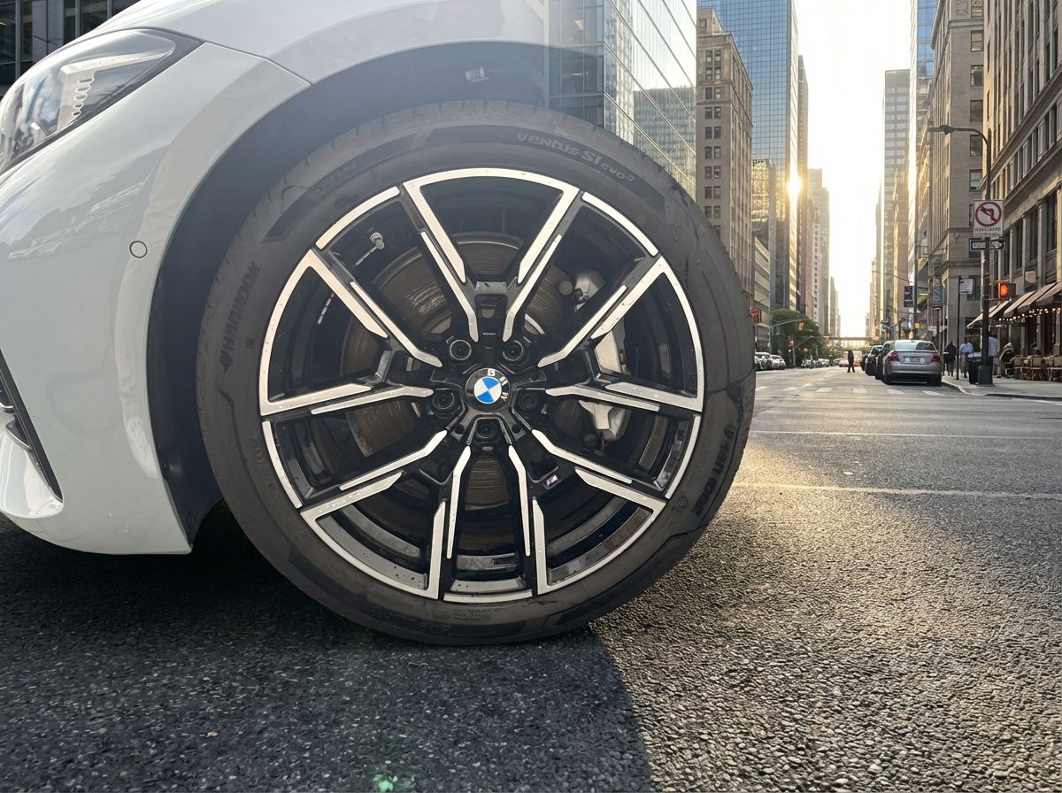 Weißer BMW M Sport Neuwagen im Autohaus Showroom mit sportlichen Leichtmetallfelgen und M-Badge Detailansicht der Frontpartie