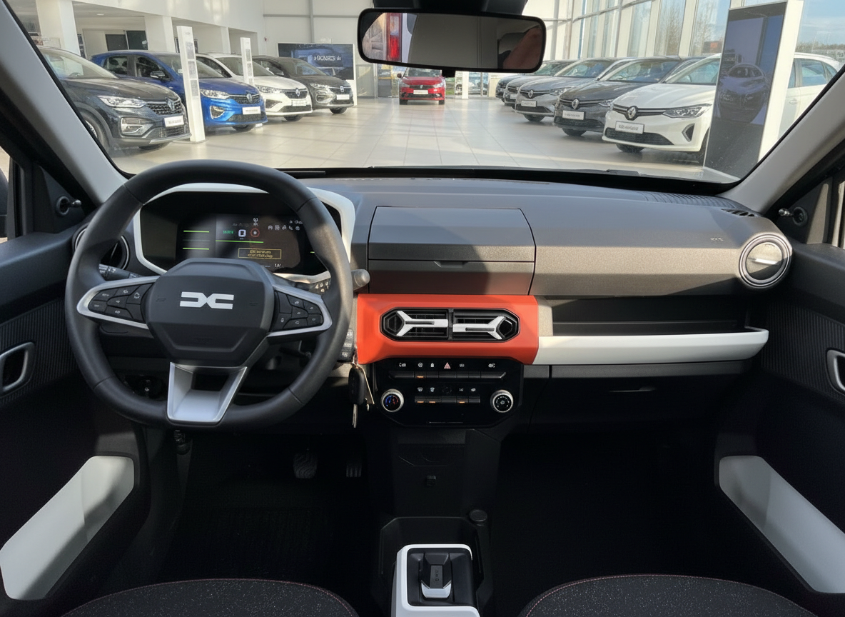 Dacia Innenraum mit orangefarbenem Armaturenbrett, digitalem Cockpit und modernem Design