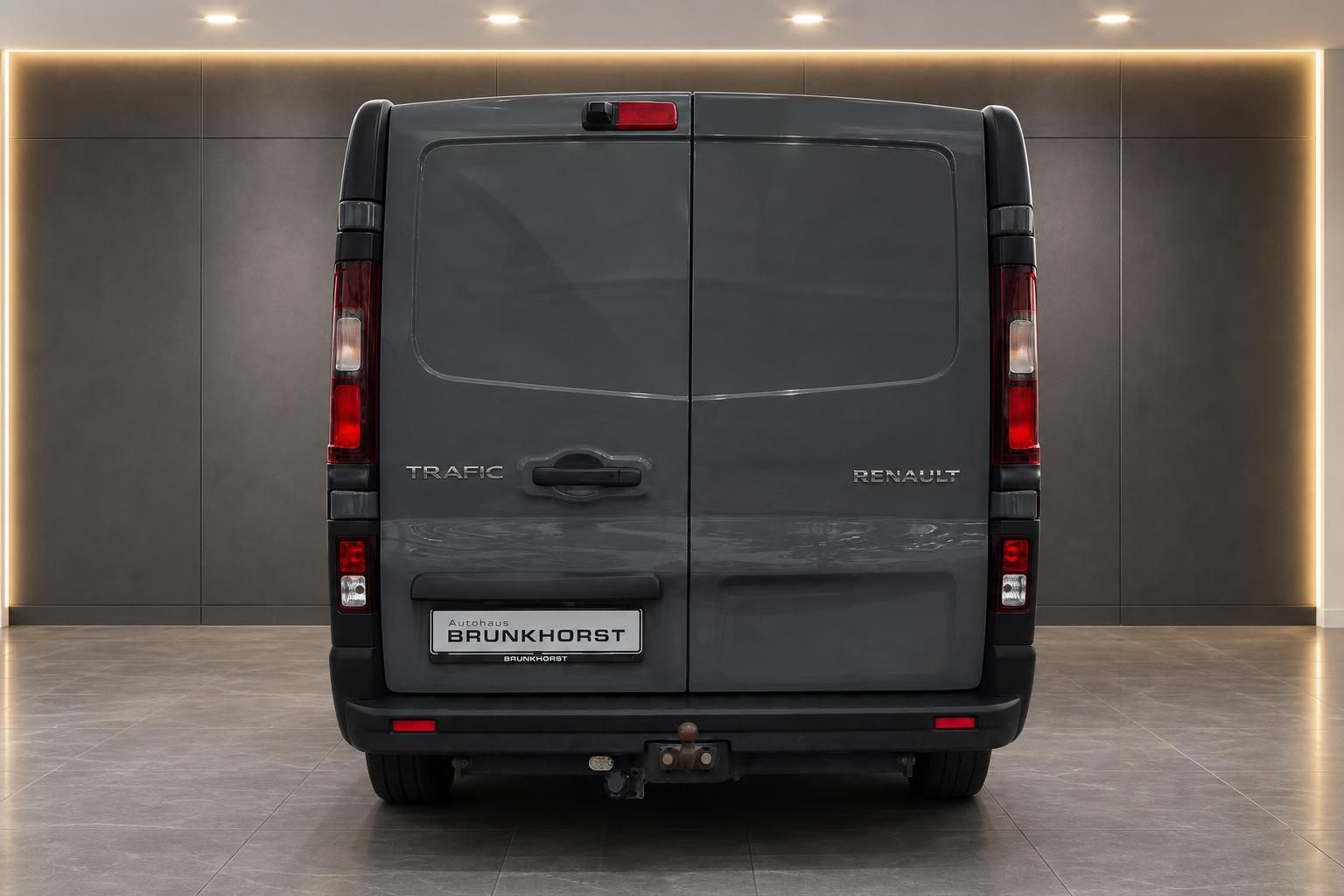 Renault Trafic Transporter Heckansicht mit Anhaengerkupplung und Kennzeichenhalter