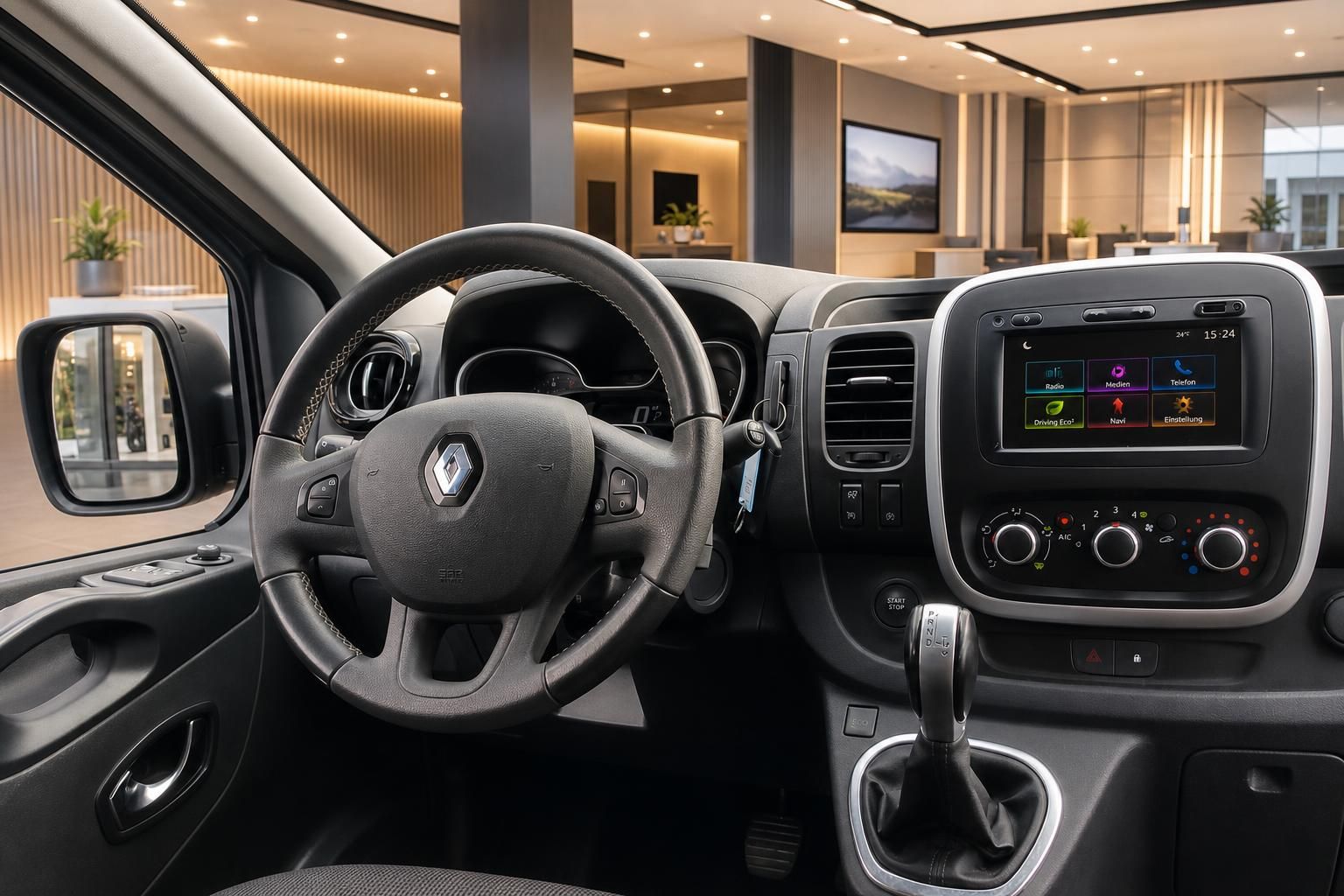 Renault Trafic Cockpit mit Lenkrad und Multimedia-Touchscreen im Detail