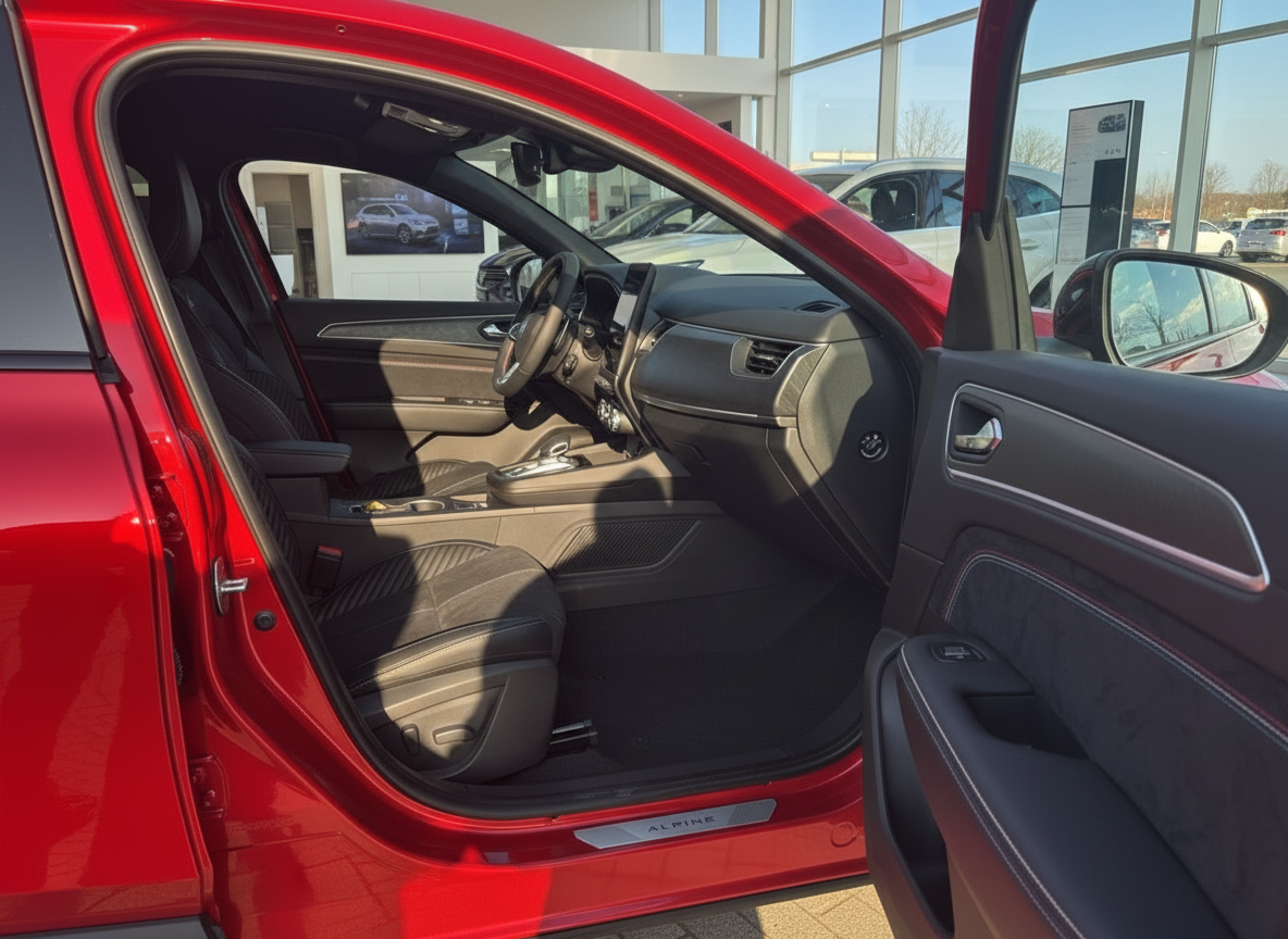Renault Alpine Innenraum rot – geöffnete Beifahrertür mit schwarzem Leder-Interieur im Autohaus
