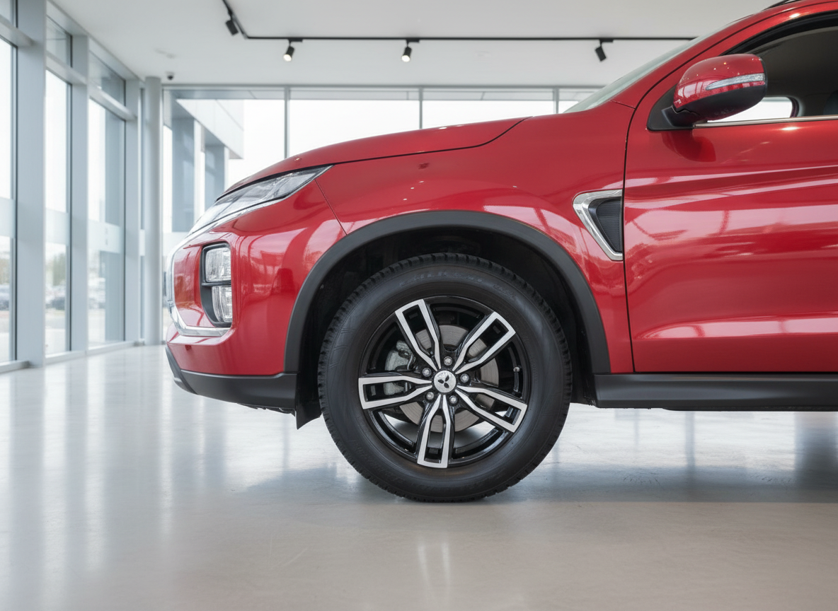 Roter Mitsubishi ASX SUV Frontpartie mit Leichtmetallfelgen im Autohaus