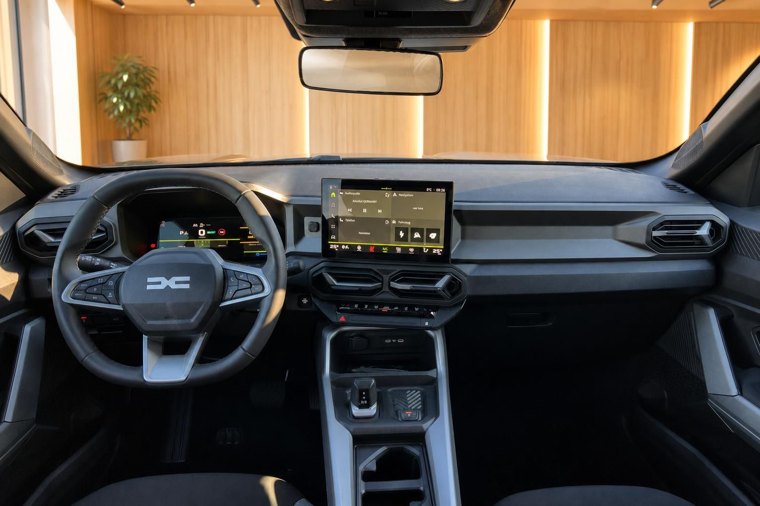 Cockpit mit Lenkrad und Touchscreen Infotainment im modernen Fahrzeuginnenraum
