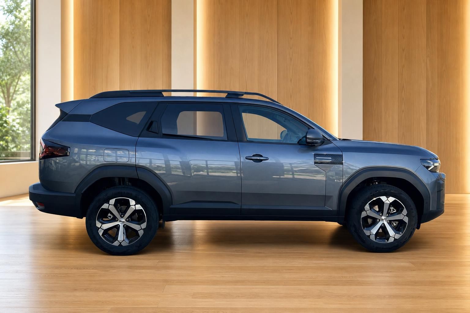 Dacia Bigster SUV in Blaugrau, Seitenansicht im Showroom