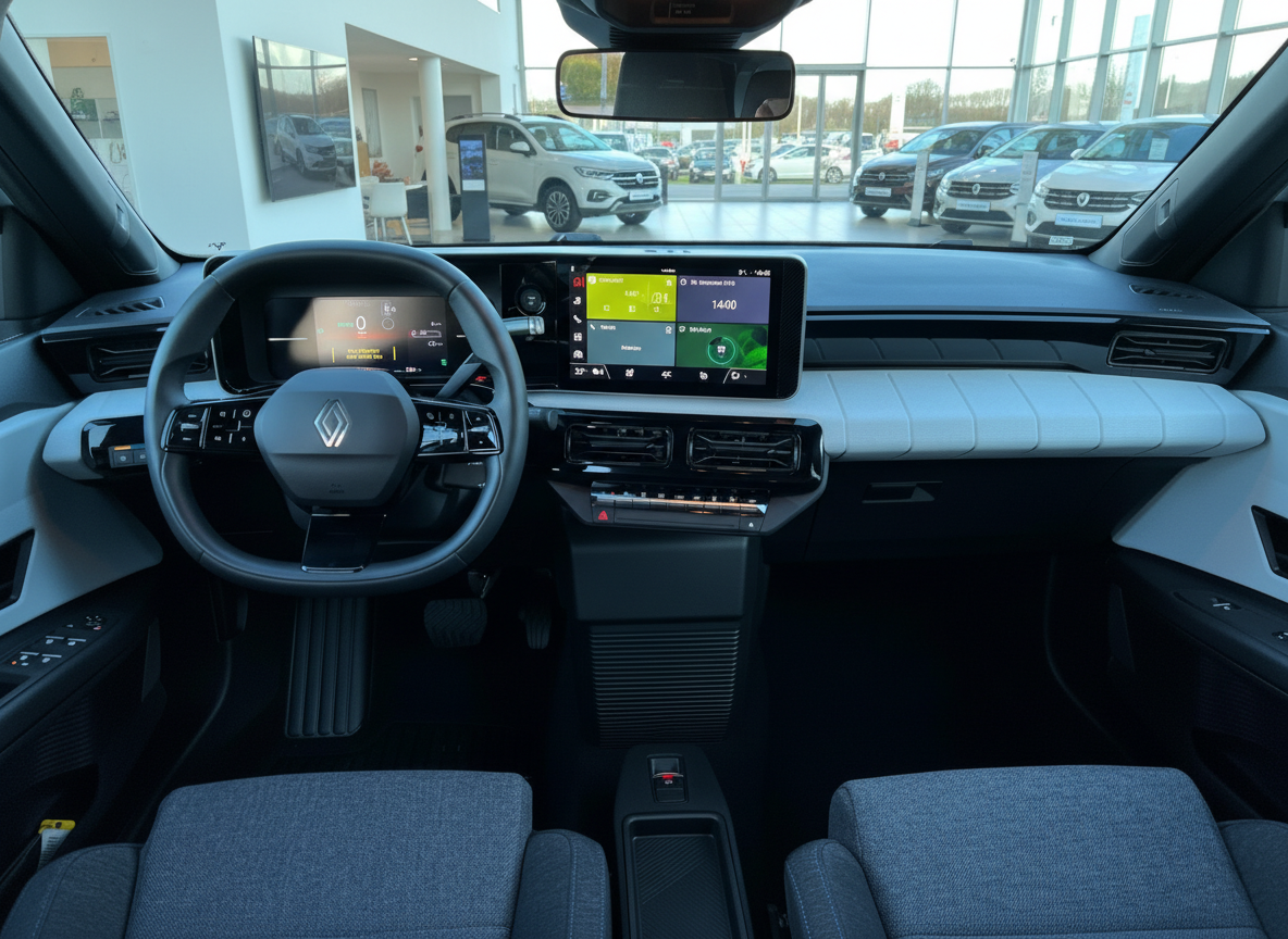 Renault Megane E-Tech Innenraum Cockpit mit digitalem Display und Stoffsitzen im Autohaus
