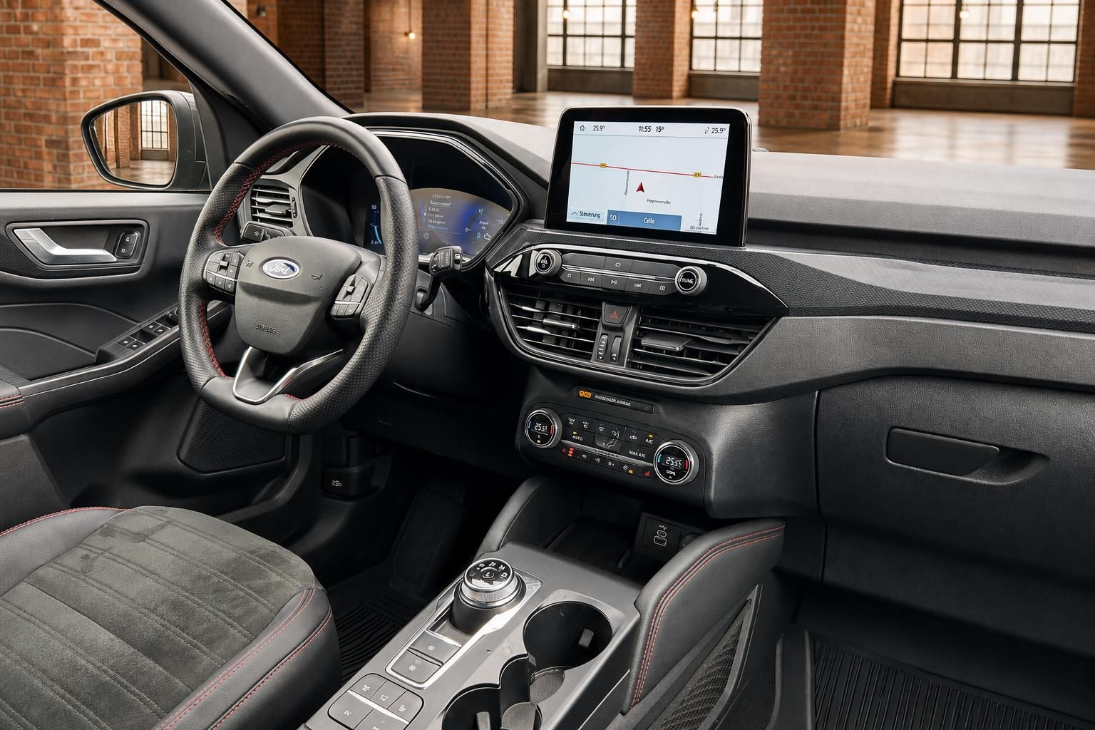 Ford Cockpit mit Lenkrad, Touchscreen und Navigationssystem