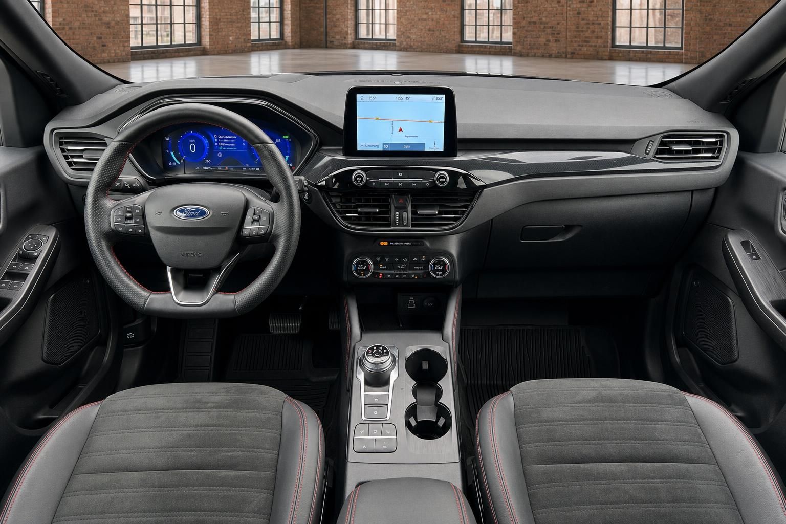 Ford Fahrerraum mit Armaturenbrett, Lenkrad und Sportsitzen