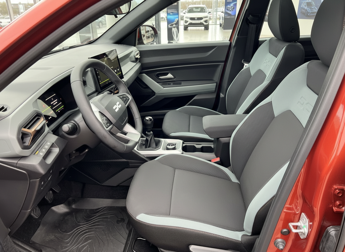 Dacia Sandero Innenraum mit grau-schwarzen Sitzen, Lenkrad und digitalem Cockpit