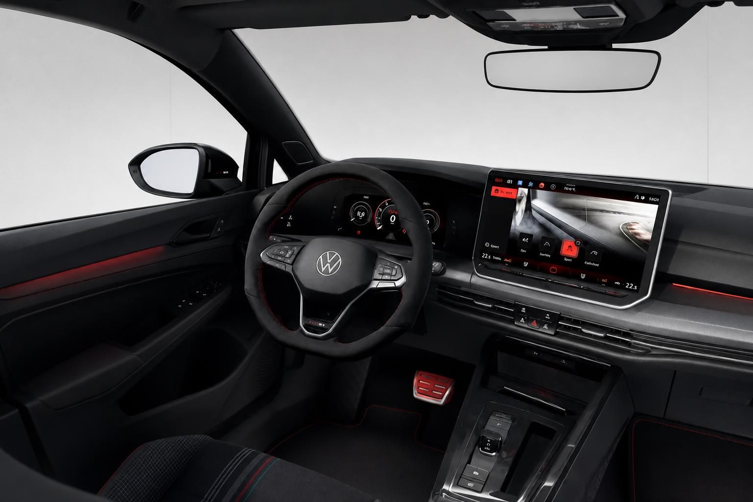 VW Golf GTI Innenraum Fahrersitz Lenkrad und Infotainment Display