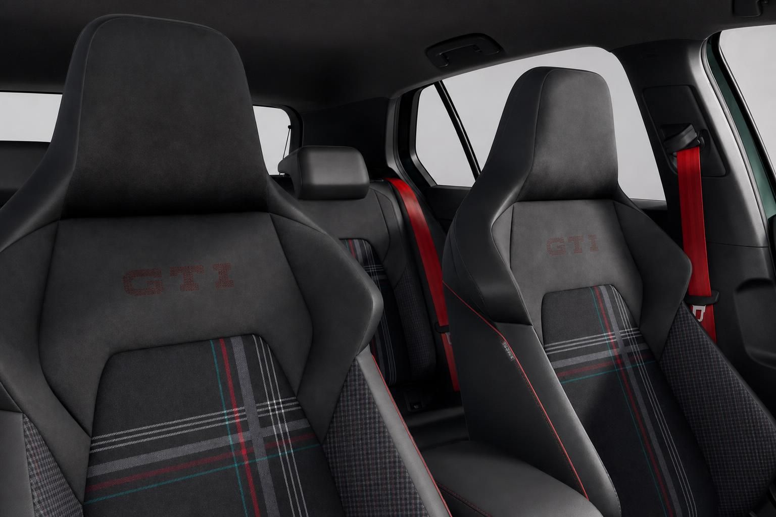 VW GTI Sportsitze mit Karo-Muster, GTI-Schriftzug und rotem Sicherheitsgurt