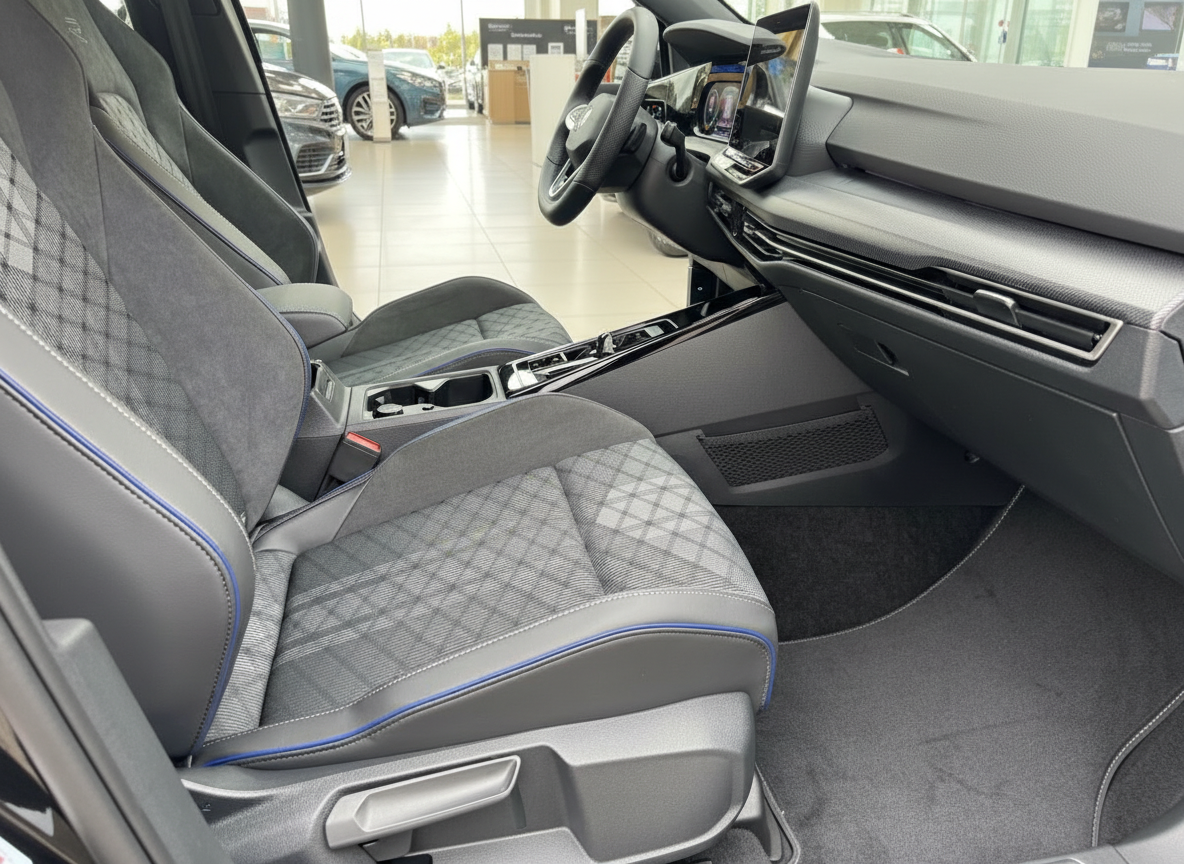Volkswagen Golf R Innenraum mit Alcantara-Sportsitzen in Schwarz-Blau und digitalem Cockpit