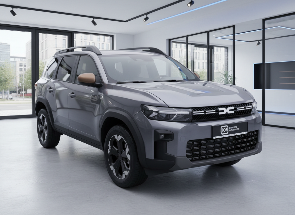 Dacia Duster SUV in Grau metallic in modernem Showroom, Frontansicht schräg