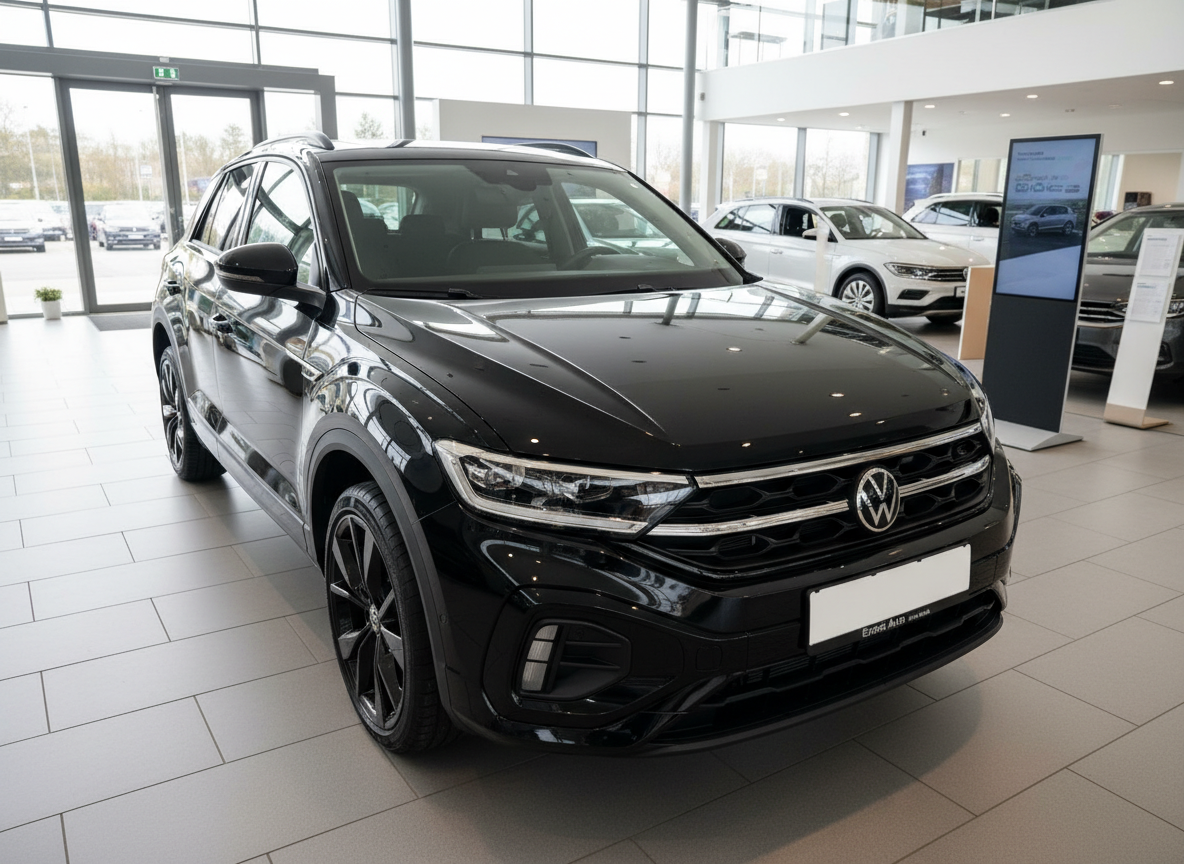 Schwarzer Volkswagen T-Roc R-Line im Autohaus Showroom, Frontansicht