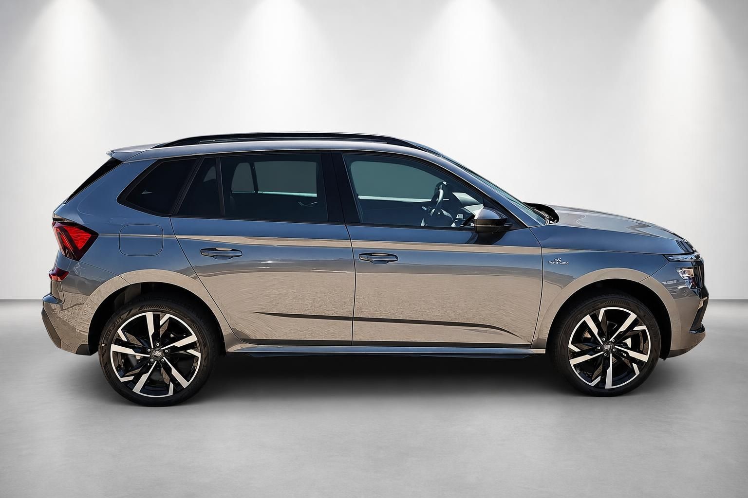 Škoda Kamiq Seitenansicht in Grau-Beige vor weißem Hintergrund