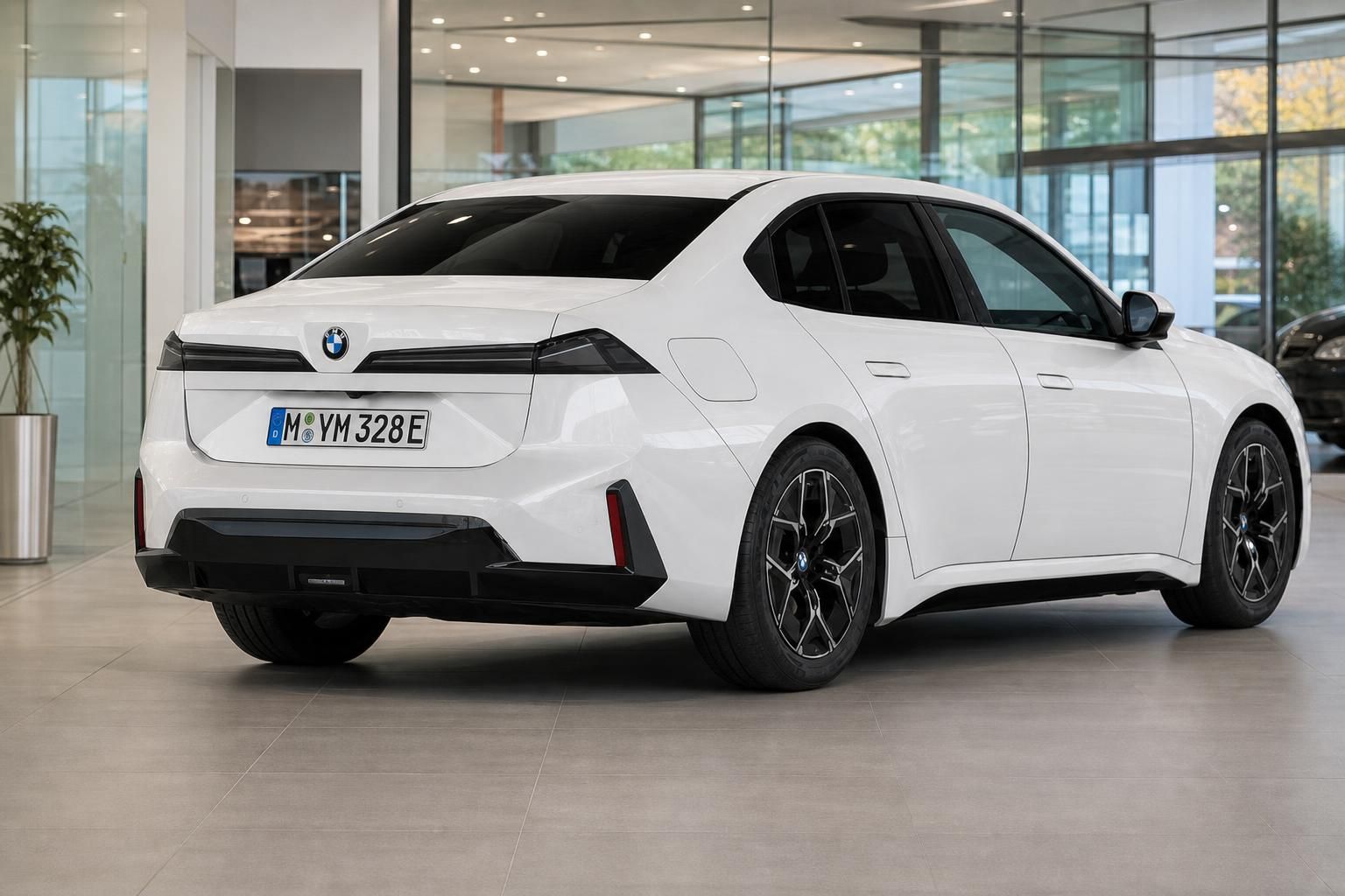 Weißer BMW von hinten im Showroom, Heckansicht mit Felgen
