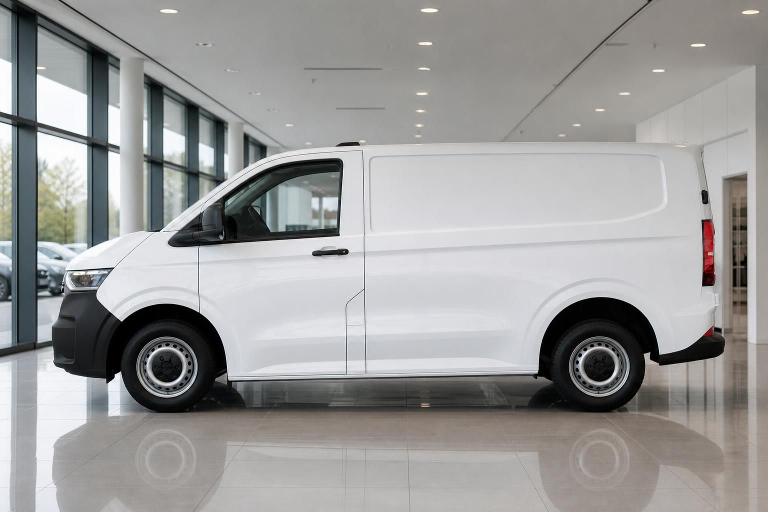 VW Transporter weiß Seitenansicht im Showroom