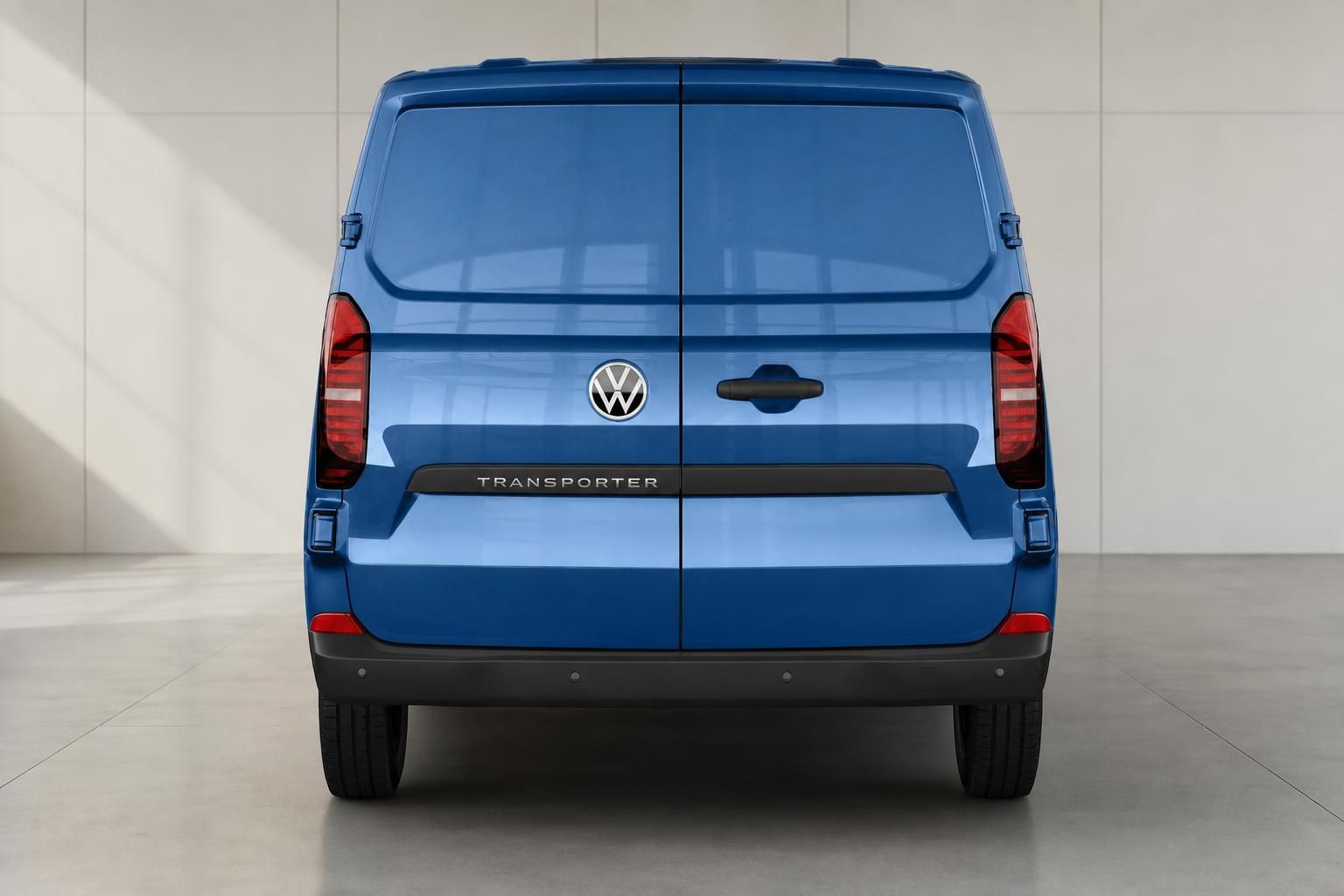VW Transporter blau Heckansicht mit Türen