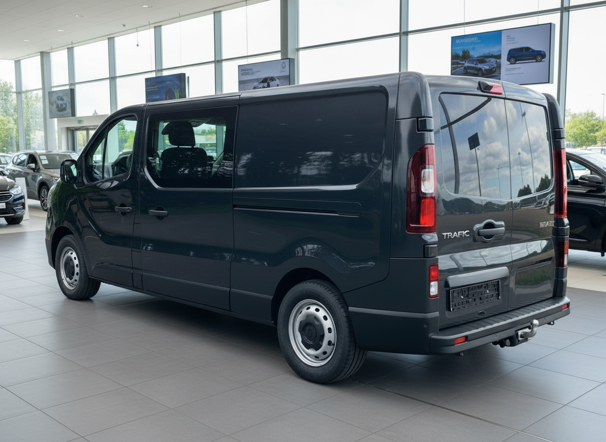 Renault Trafic Kastenwagen in Dunkelgrau im Autohaus Showroom – Heckansicht