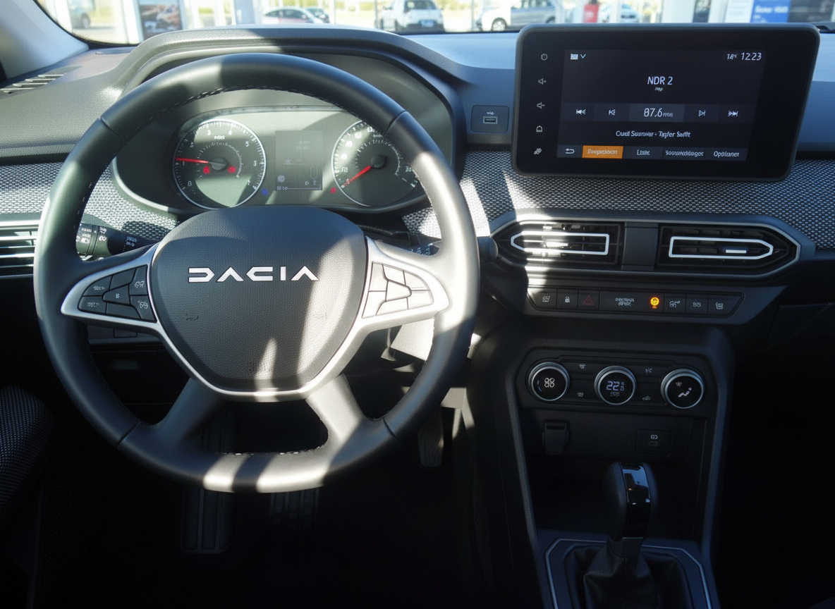 Dacia Innenraum mit Lenkrad, Tacho und Infotainment-Display – Cockpit-Ansicht