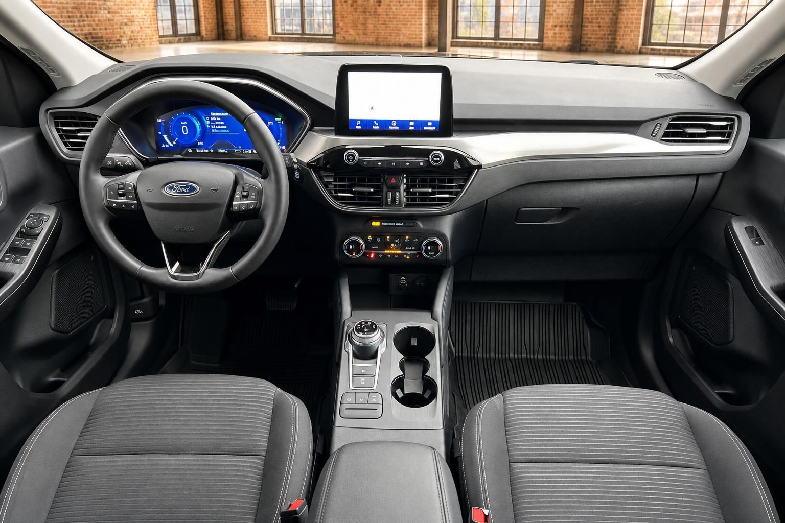 Ford Fahrerraum mit Lenkrad und Sitzen Frontalansicht