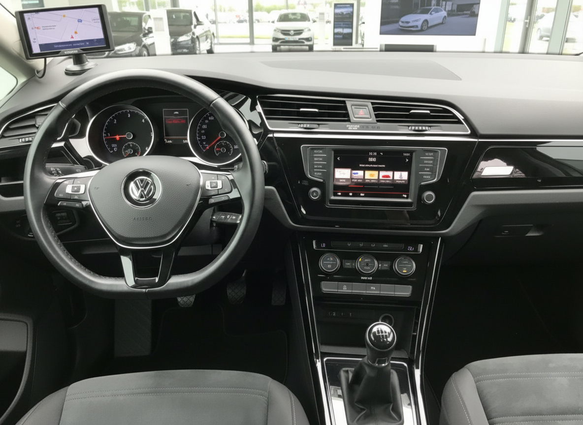 Volkswagen Innenraum mit Lenkrad, Infotainment-System und Schaltgetriebe – VW Cockpit Detailansicht