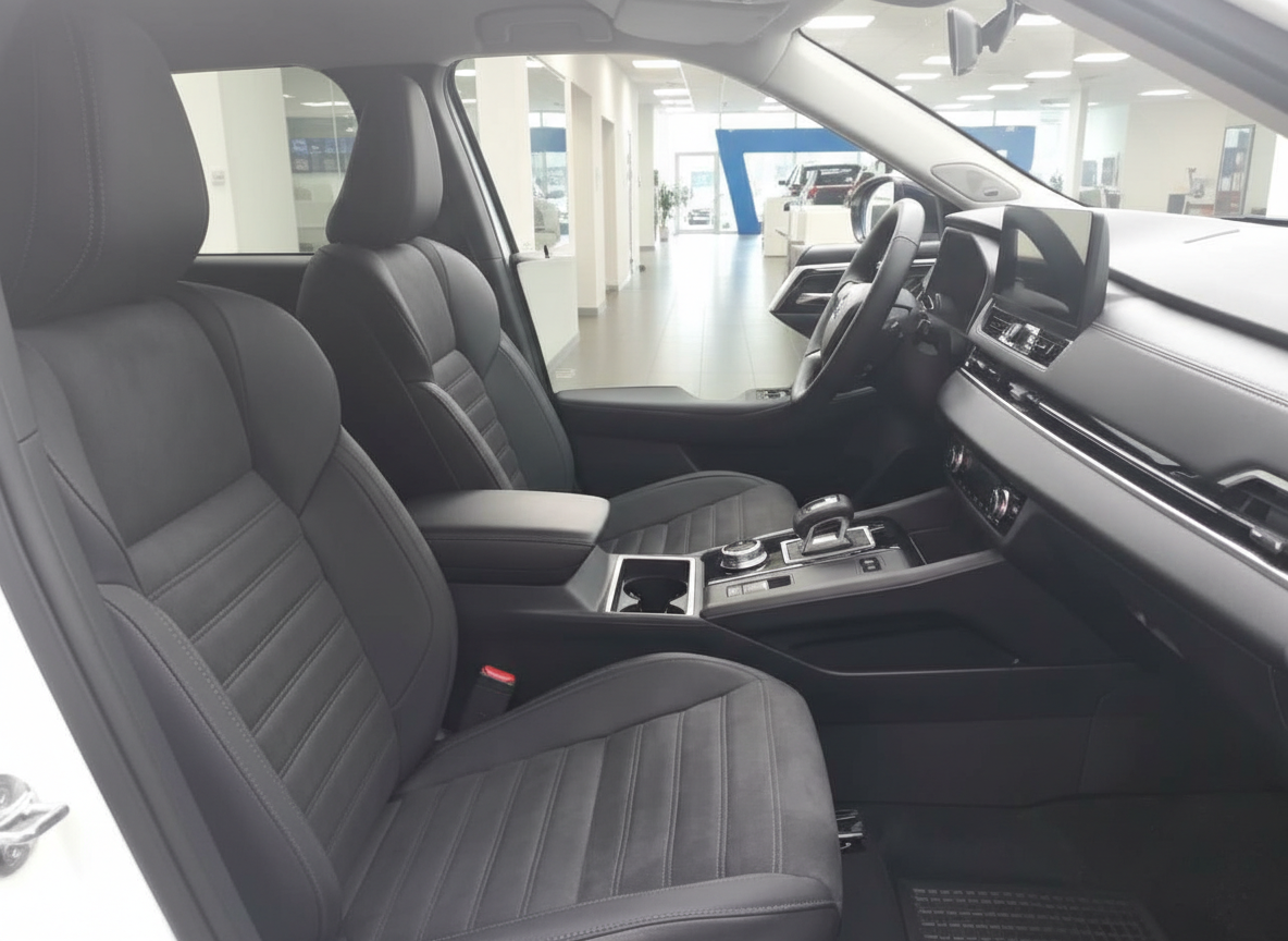 Schwarzes Leder-Interieur eines modernen SUV mit Mittelkonsole und Cockpit im Autohaus