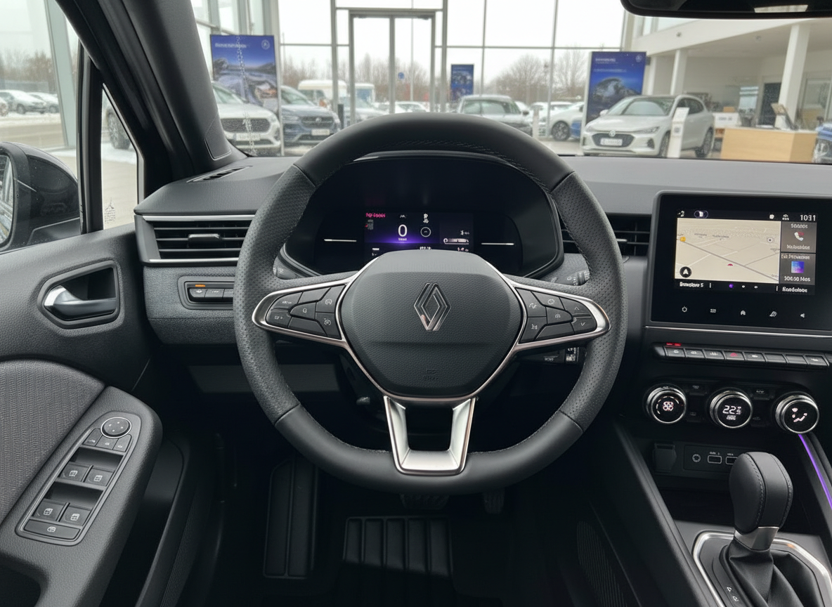 Renault Innenraum mit Lenkrad, Digitalinstrumenten und Navigationssystem