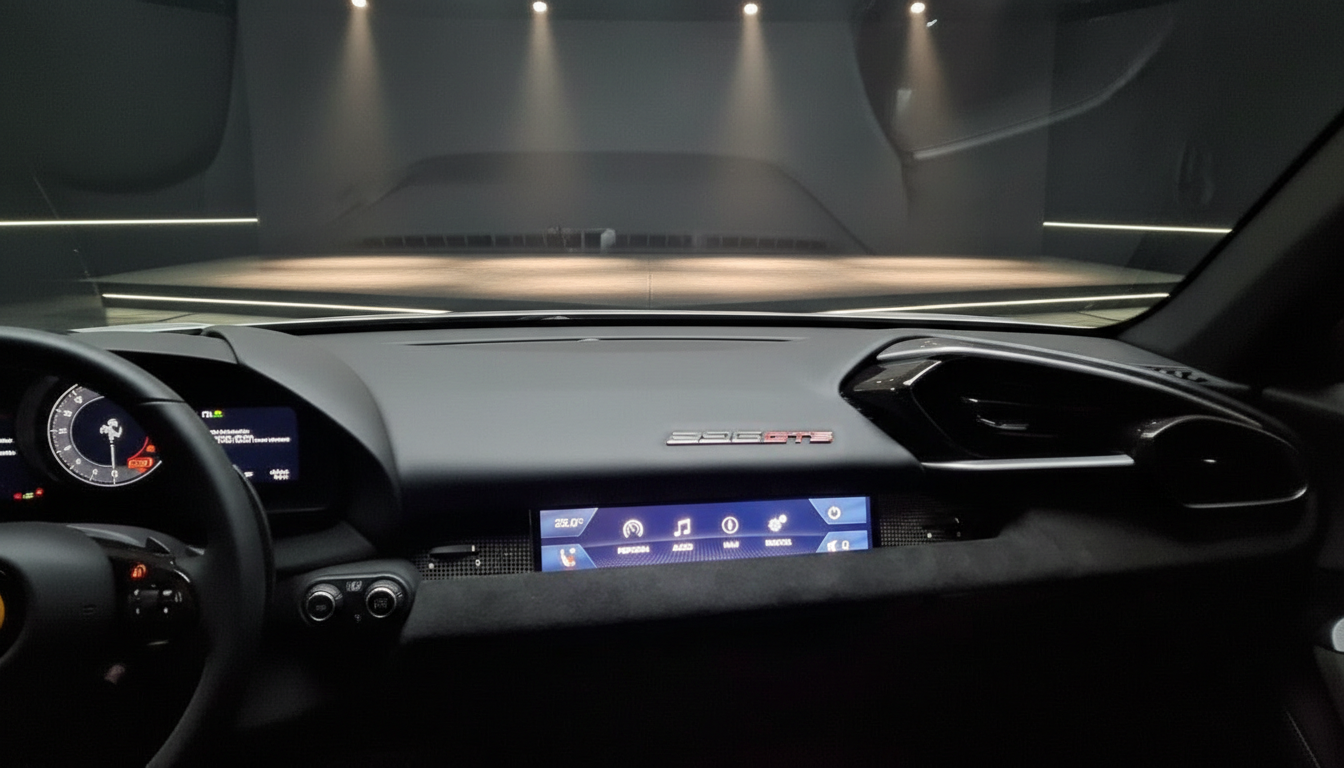 Ferrari 296 GTS Innenraum mit Cockpit, Lenkrad und digitalem Infotainment-Display