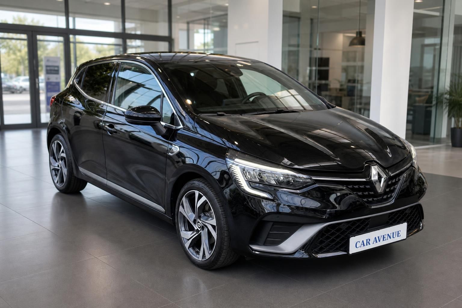Schwarzer Renault Clio in modernem Autohaus-Showroom mit großen Fensterfronten