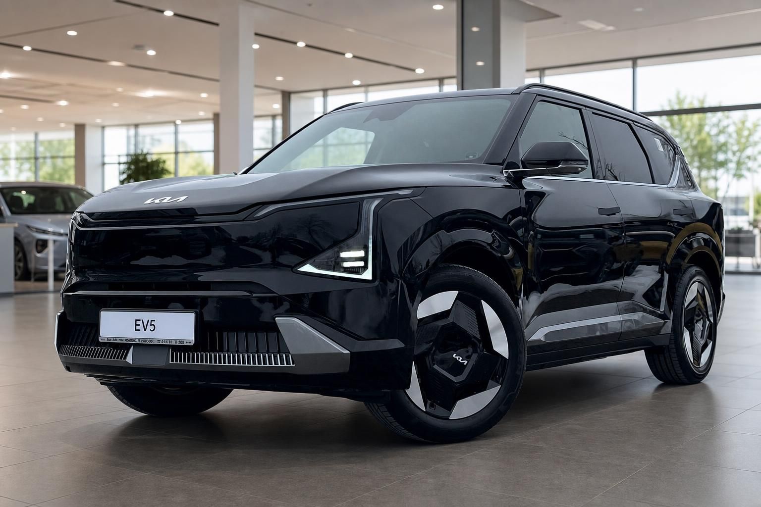 Kia EV5 schwarz, Frontansicht mit Felgen im Showroom