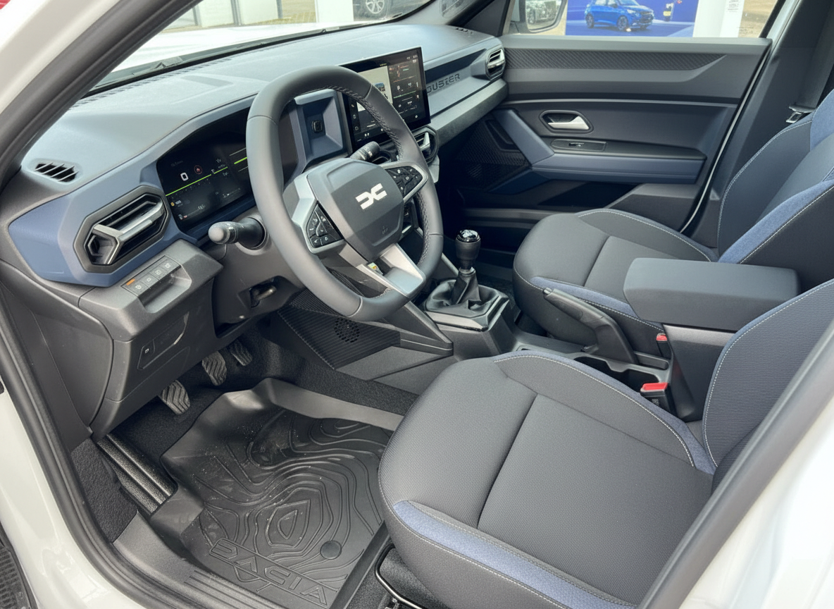 Dacia Duster Innenraum mit Cockpit, Lenkrad, Infotainment-Display und Schalthebel
