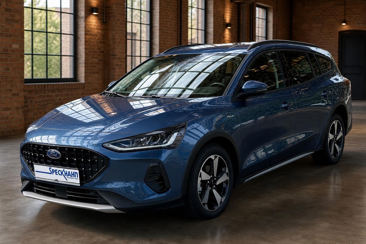 Ford Focus Turnier blau Frontansicht schräg links im Showroom – Gebrauchtwagen