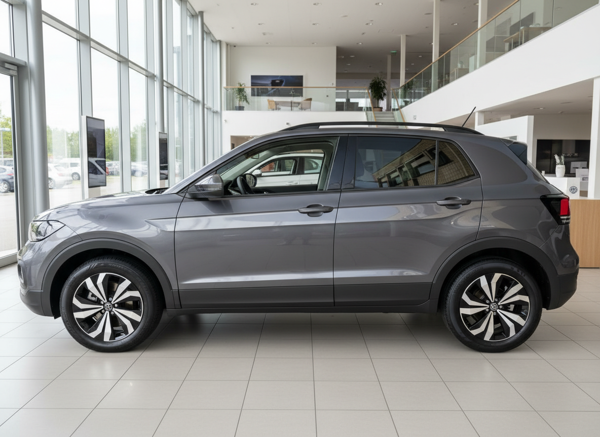 Volkswagen T-Cross grau Seitenansicht im Autohaus Showroom