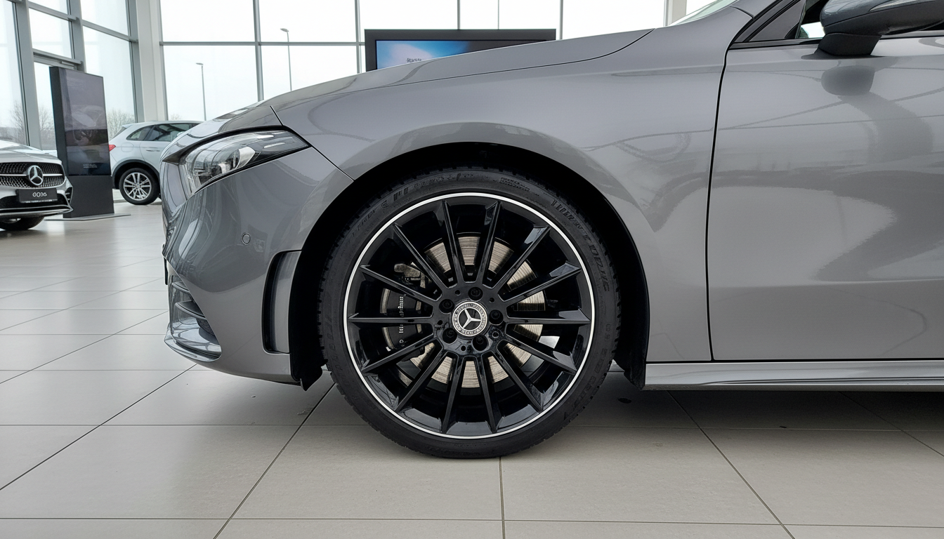 Grauer Mercedes-Benz A-Klasse im Autohaus mit schwarzen AMG-Leichtmetallfelgen und Markenlogo auf der Radnabe in der Seitenansicht