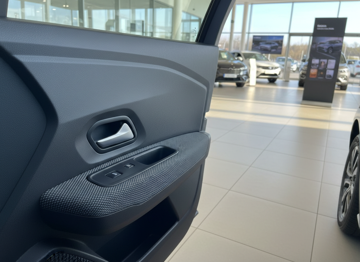 Fahrzeug-Innentür mit Fensterheber und Türgriff im Autohaus-Showroom