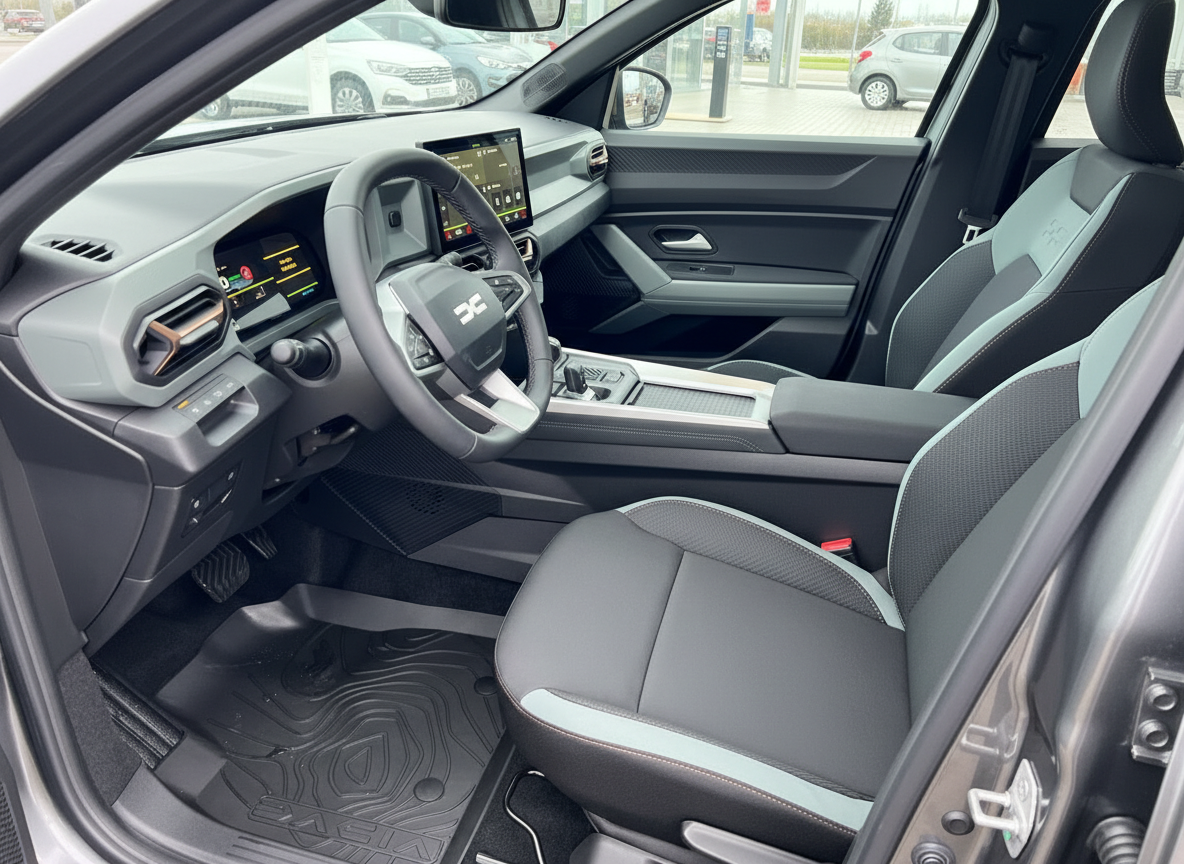 Modernes SUV Innenraum mit digitalem Cockpit, schwarzen Sportsitzen und Touchscreen-Infotainmentsystem