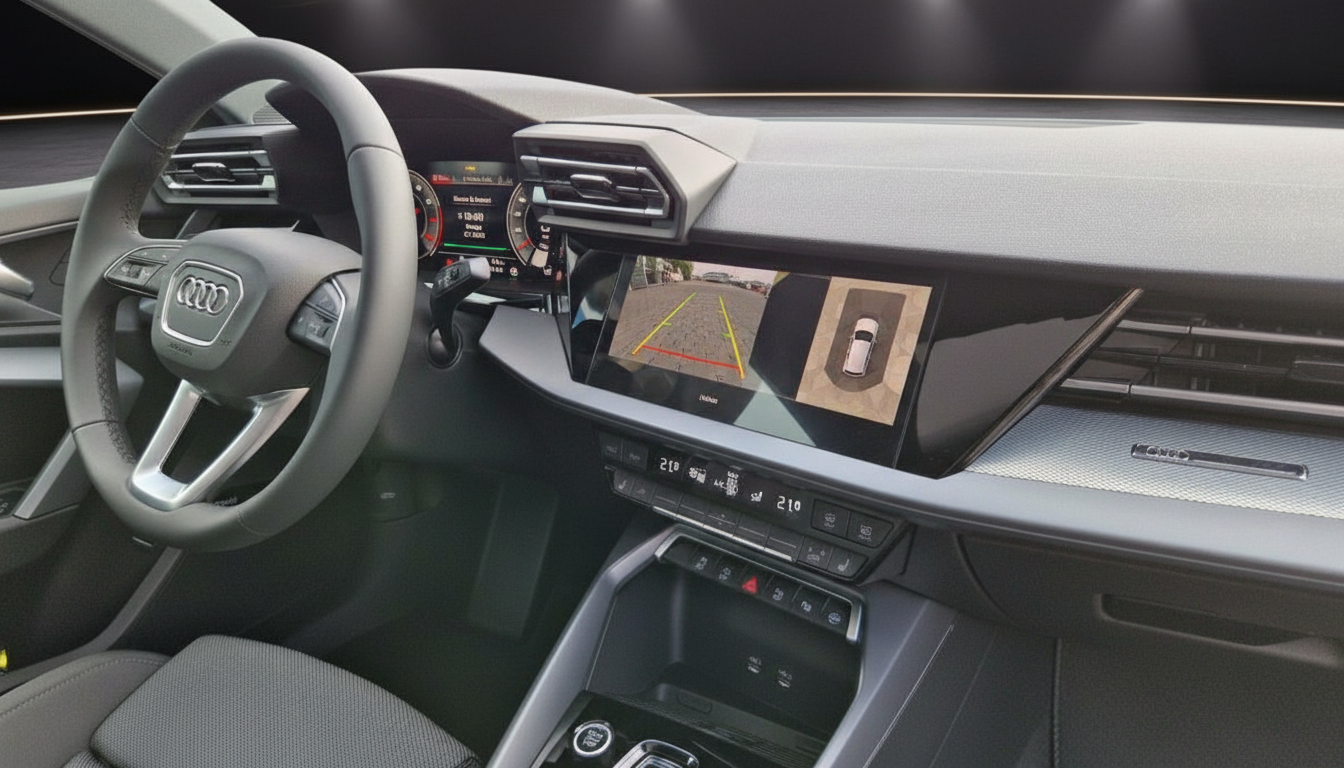 Audi Innenraum mit Virtual Cockpit, MMI Touchscreen und Rückfahrkamera-Ansicht