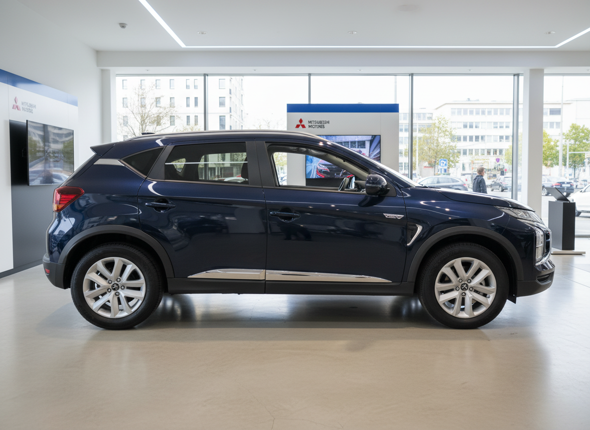 Mitsubishi Eclipse Cross in Dunkelblau in Ausstellungsraum – Seitenansicht