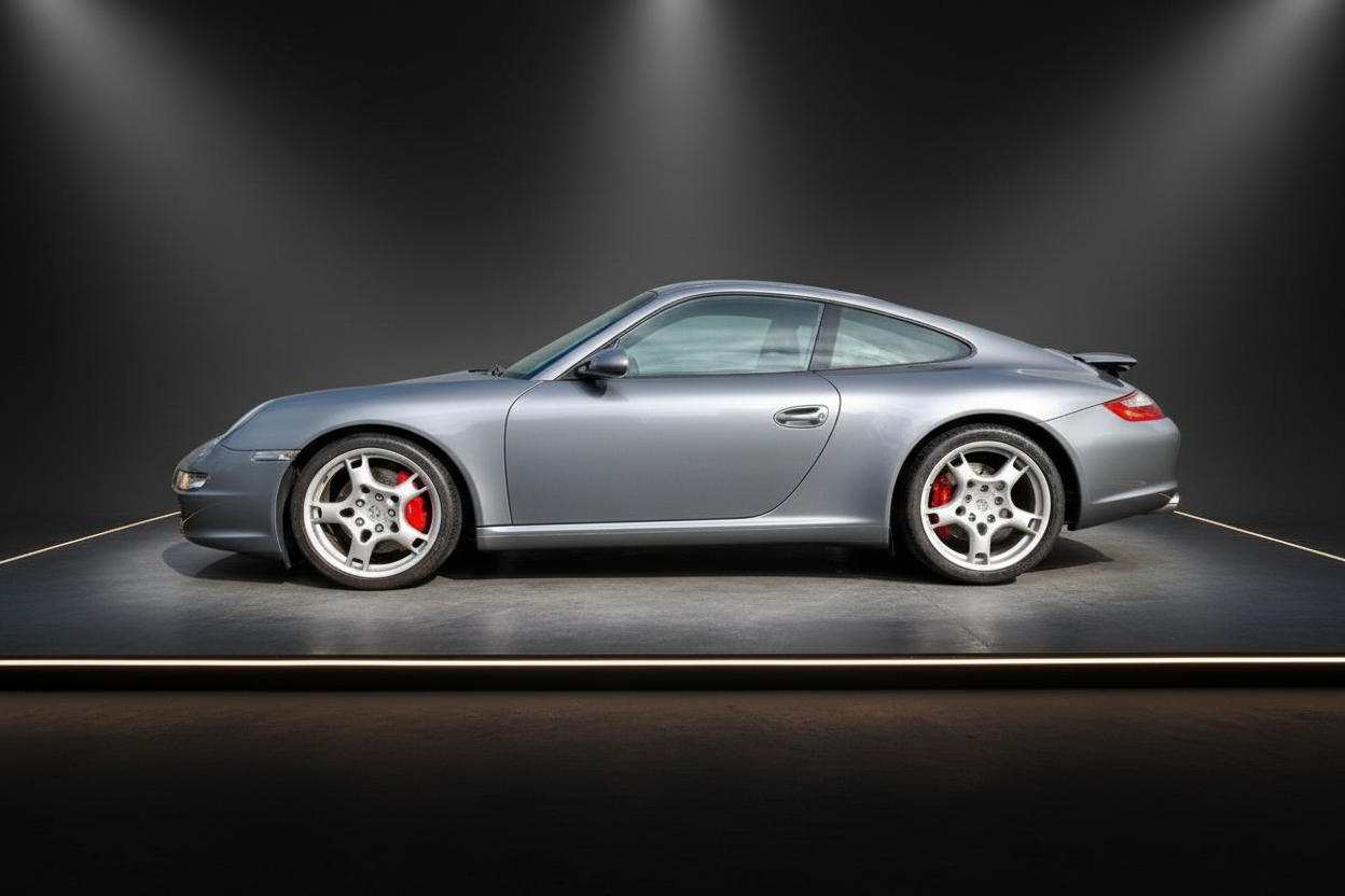 Porsche 911 Carrera S 997 in Silberblau Metallic, Seitenansicht mit roten Bremssätteln